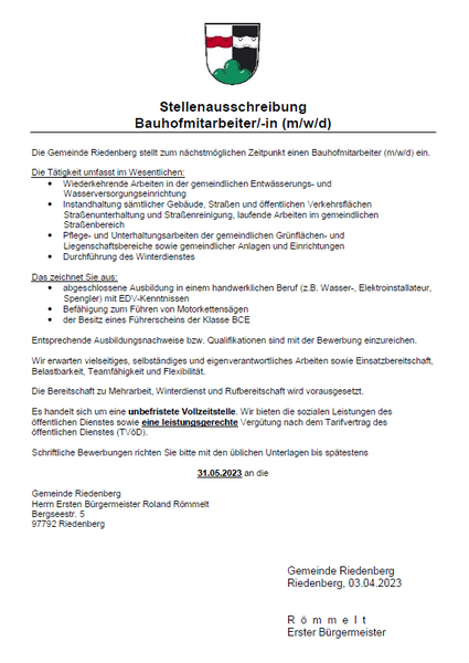 Stellenausschreibung Bauhofmitarbeiter (m-w-d) Gemeinde Riedenberg